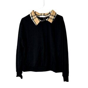 NWOT Romwe Black Long Sleeve Sweatshirt With Plaid Collar Womens Medium